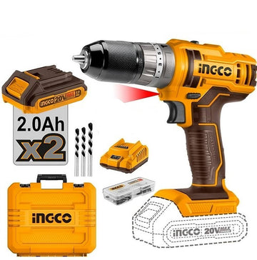 INGCO TRAPANO AVVITATORE 20V CON 2 BATTERIE + 47 ACCESSORI