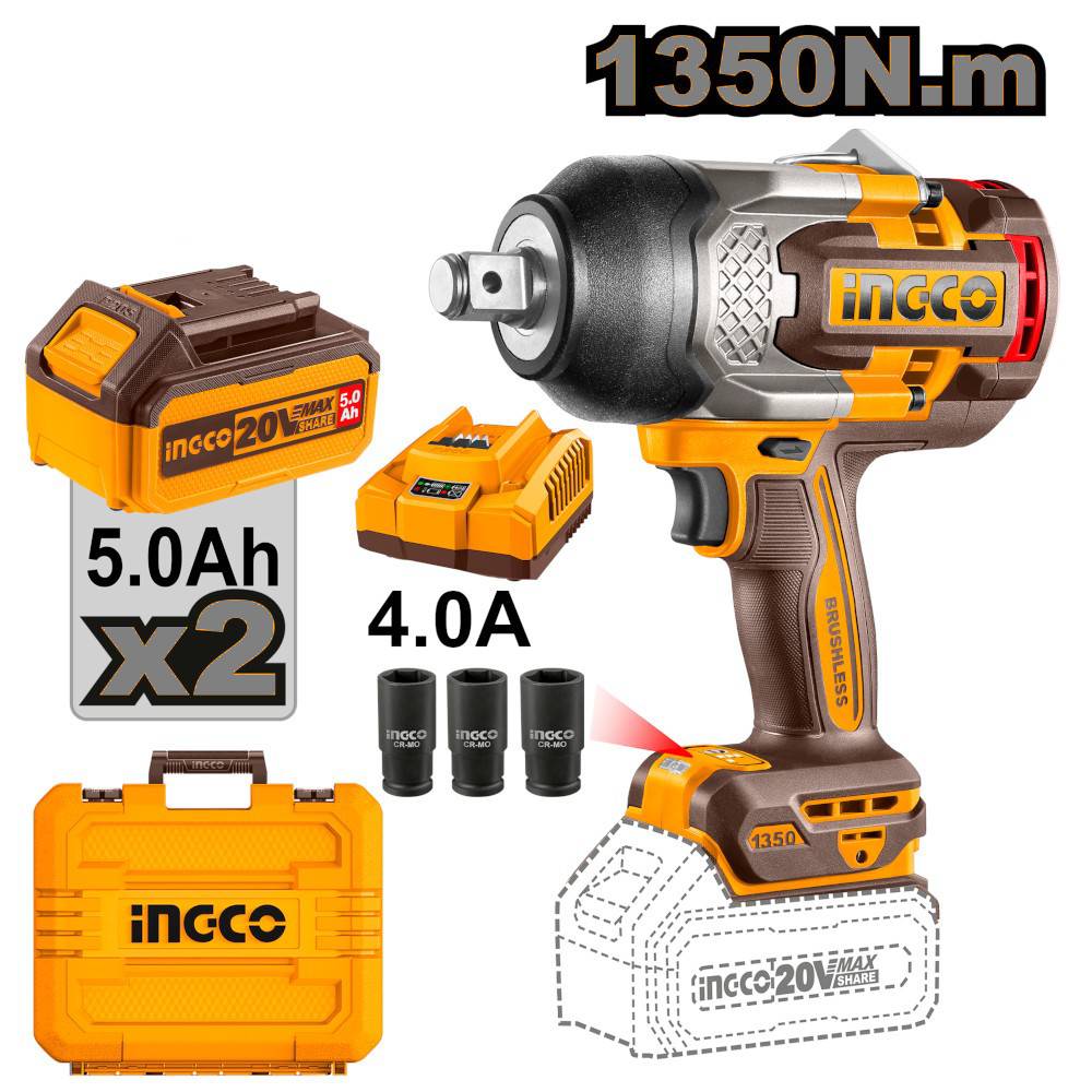 INGCO AVVITATORE AD IMPULSI 1350Nm CON 2 BATTERIE E VALIGETTA