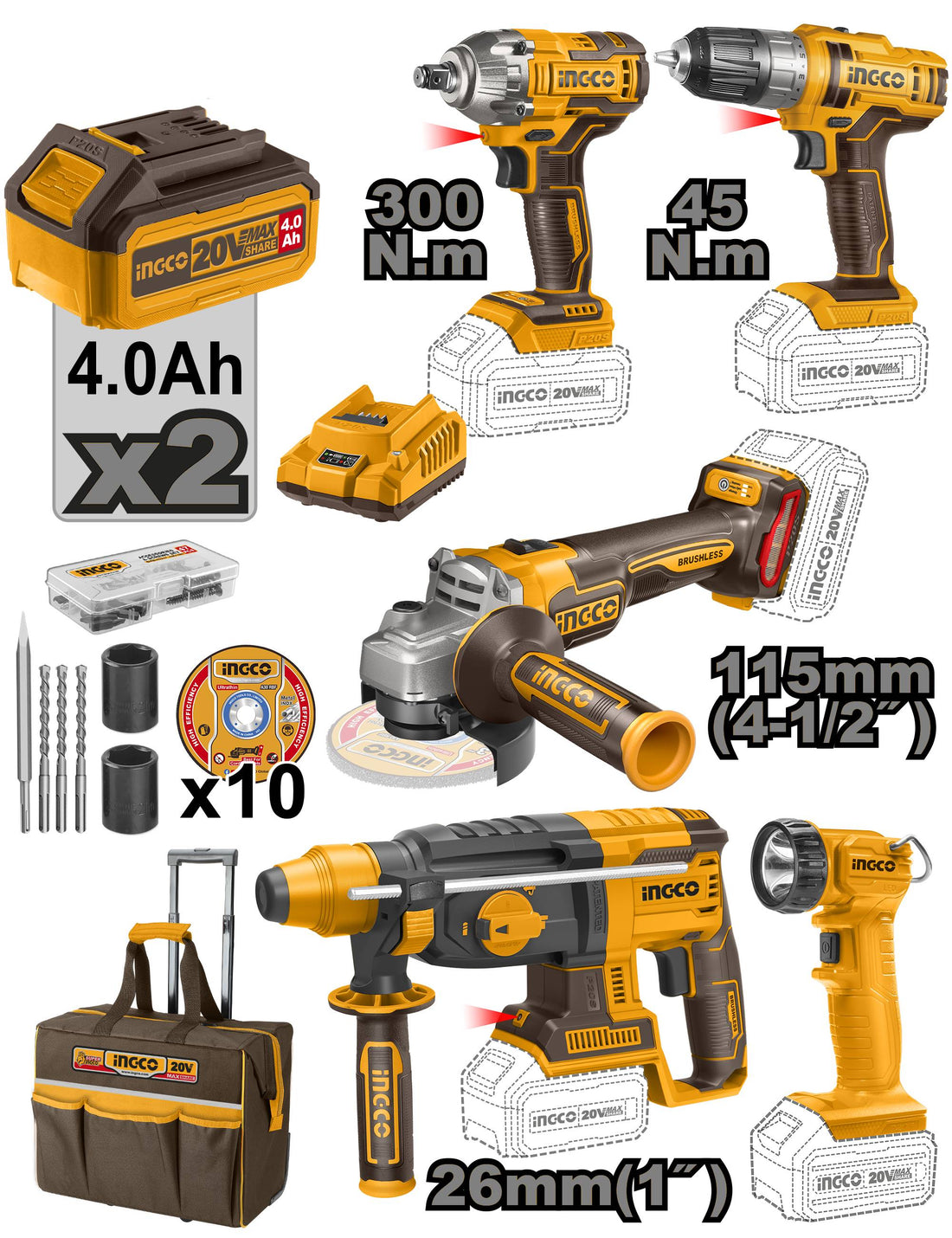 INGCO SET AVVITATORE + TRAPANO + MARTELLO PERFORATORE + SMERIGLIATRICE ANGOLARE+ LAMPADA