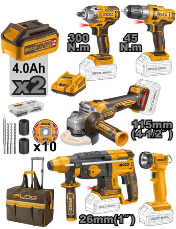 INGCO SET AVVITATORE + TRAPANO + MARTELLO PERFORATORE + SMERIGLIATRICE ANGOLARE+ LAMPADA