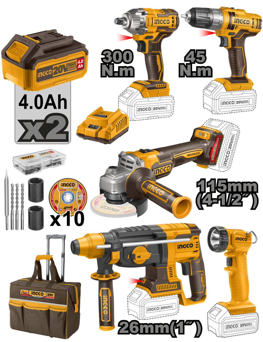INGCO SET AVVITATORE + TRAPANO + MARTELLO PERFORATORE + SMERIGLIATRICE ANGOLARE+ LAMPADA