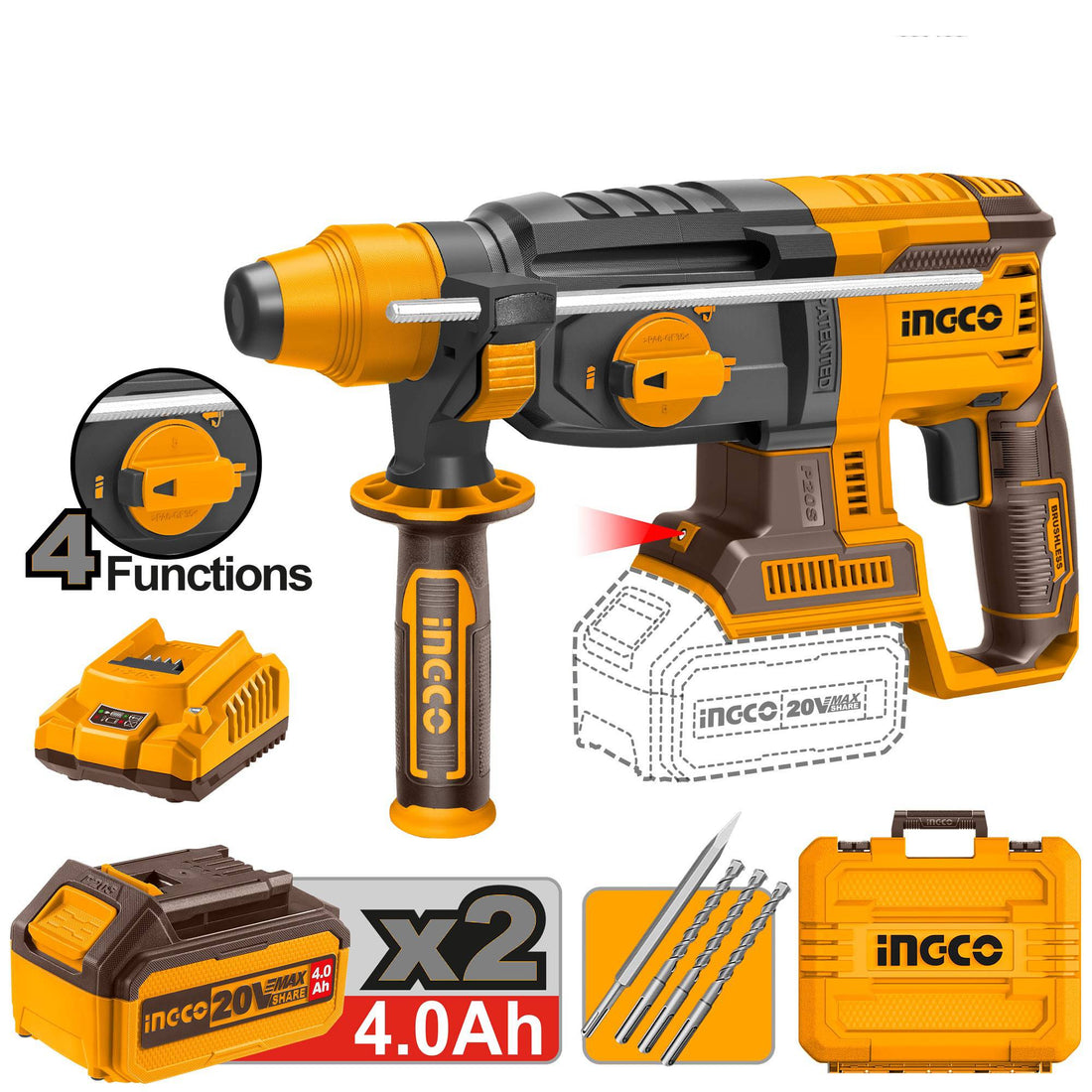 INGCO MARTELLO DEMOLITORE 20V BRUSHLESS CON 2 BATTERIE, CARICABATTERIA, 3 PUNTE E 1 SCALPELLO