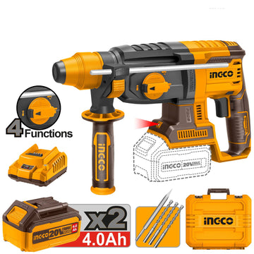 INGCO MARTELLO DEMOLITORE 20V BRUSHLESS CON 2 BATTERIE, CARICABATTERIA, 3 PUNTE E 1 SCALPELLO